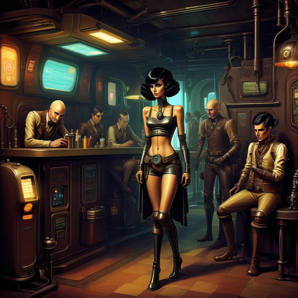  retro game art a group of smugglers, a potty man, 40 year, small, bald, black. a young , 20 year, medium sized s, graceful thin waist, long slender legs, black hair, droid, minotaur. full length image, steampunk, dieselpunk, paropunk, stand in a futuristic tavern. . 16 bit, vint colors, pixelated, nostalgic, charming, fun