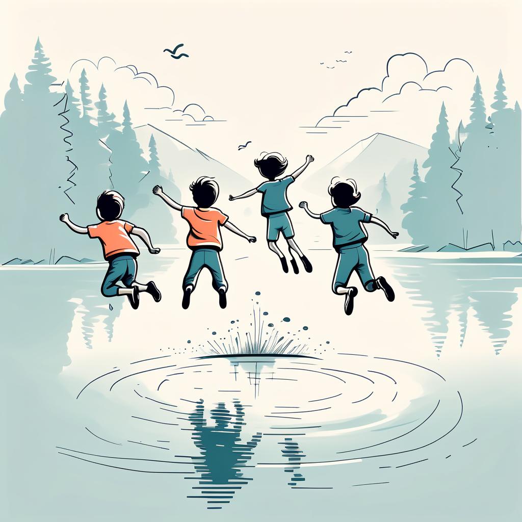  minimalist style children jumping from the top of the lake retro style sketch . simple, clean, uncluttered, modern, elegant