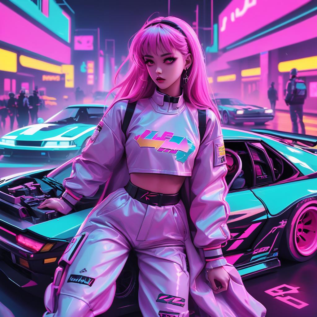  vaporwave style drift fonc race on zhiguli in anime style . retro aesthetic, cyberpunk, vibrant, neon colors, vintage 80s and 90s style, highly detailed, glowneon