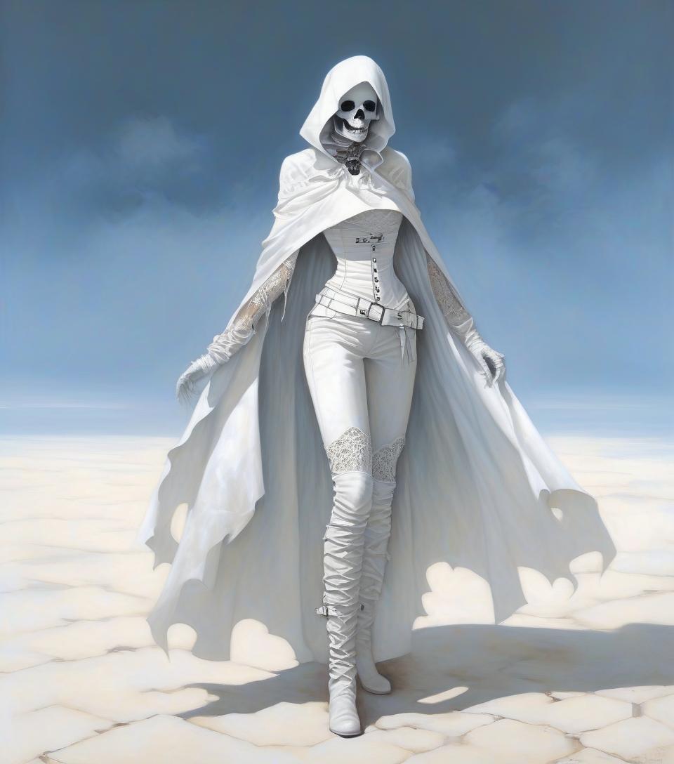  macabre style dark fantasy. a very thin girl with a realistic face without a black mascara in a white handkerchief on her face, in a leather white openwork corset, in leather pants with a wide white garter in the form of a white belt and a buckle in the middle of her right thigh, in white wrists, in white gloves, in a leaky openwork cloak. . dark, gothic, grim, haunting, highly detailed, hkmagic, oil painting