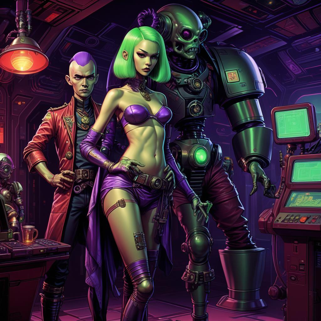  retro game art a group of space pirates, a young alien of thai appearance, 20 year, purple skin, large size elastic , elegant thin waist, long slender legs, green hair. man, 40 year, small, fat, bald, black. next to the droid and minotaur. full length image, steampunk, dieselpunk, paropunk, standing in a space tavern, against a background of red light. . 16 bit, vint colors, pixelated, nostalgic, charming, fun