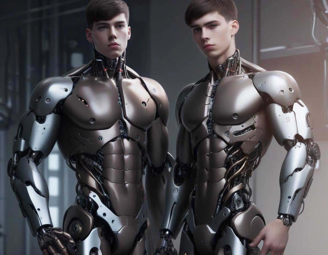  young guy, brunette, cyborg, robotic body parts, style realism, 4k quality