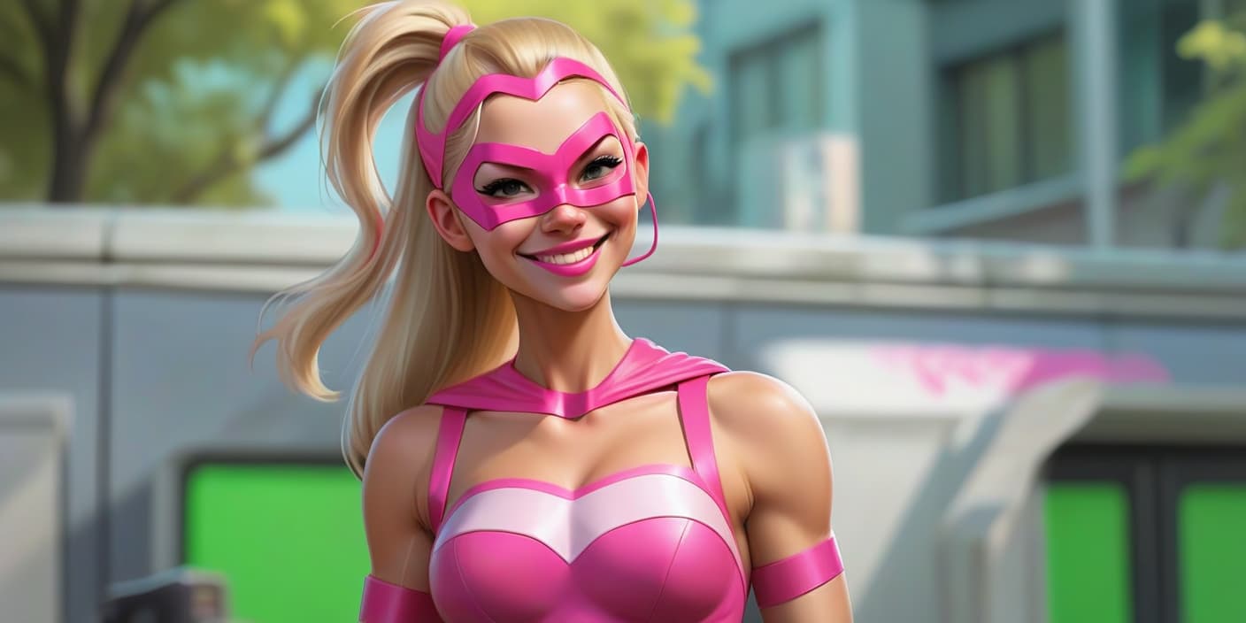  concept art superheroine, young woman, blonde hair with pink streak, pink mask, hairstyle high ponytail smile . digital artwork, illustrative, painterly, matte painting, highly detailed