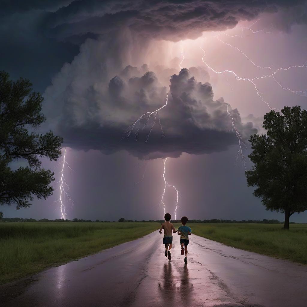  lightning strikes boys running from a thunderstorm.