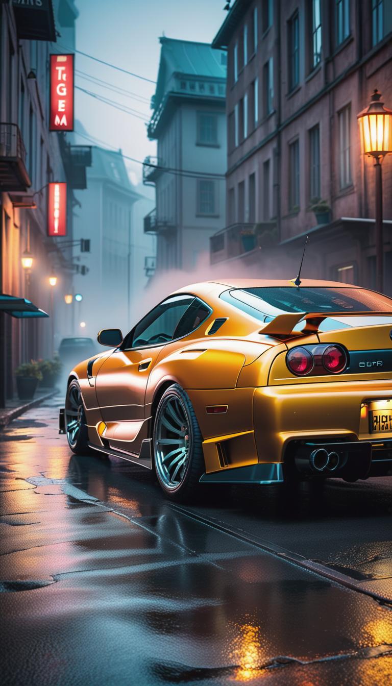  cyberpunk style depiction of mk4 supra car. the scene is set in a world where technology has advanced, but society and human conditions have not, creating a gritty, dystopian atmosphere. hyperrealistic, full body, detailed clothing, highly detailed, cinematic lighting, stunningly beautiful, intricate, sharp focus, f/1. 8, 85mm, (centered image composition), (professionally color graded), ((bright soft diffused light)), volumetric fog, trending on instagram, trending on tumblr, HDR 4K, 8K