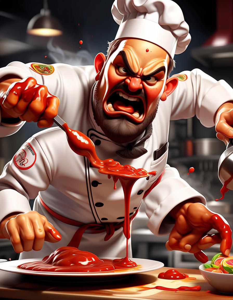  fighting game style a chef with a masterful move, pouring sauce onto a plate, creating a beautiful culinary composition. . dynamic, vibrant, action packed, detailed character design, reminiscent of fighting video games