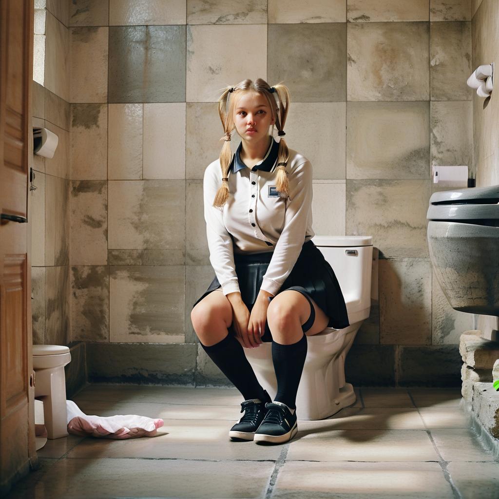  cinematic photo realistic photo, girl, sitting on a square toilet, blond hair, pigtails, shirt, skirt, tall black stockings, sneakers, large room, stone walls, stone floor. . 35mm photograph, film, bokeh, professional, 4k, highly detailed, film photography style