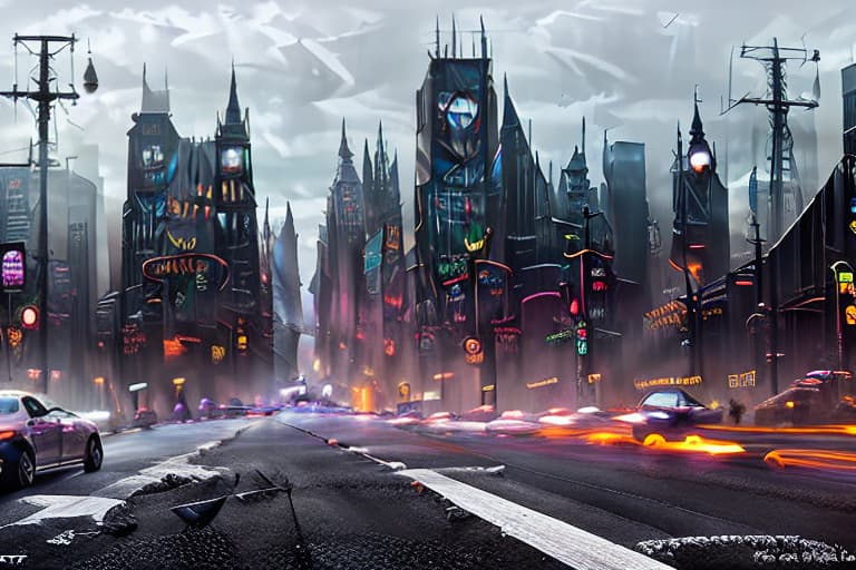 a photo of ddfusion style Generate a blank road play mat of Gotham City, featuring: - A detailed network of roads, highways, and alleys - Blank spaces where buildings and landmarks would be, allowing for placement of individual location images - Include iconic road features like streetlights, manhole covers, and crosswalks - Maintain a dark, gritty, and gothic atmosphere, inspired by the Batman franchise - Dimensions: A large, foldable road play mat, ideal for tabletop games and creative play Note: The focus is on the road layout and infrastructure, with blank spaces for adding individual location images, like the ones we previously discussed.