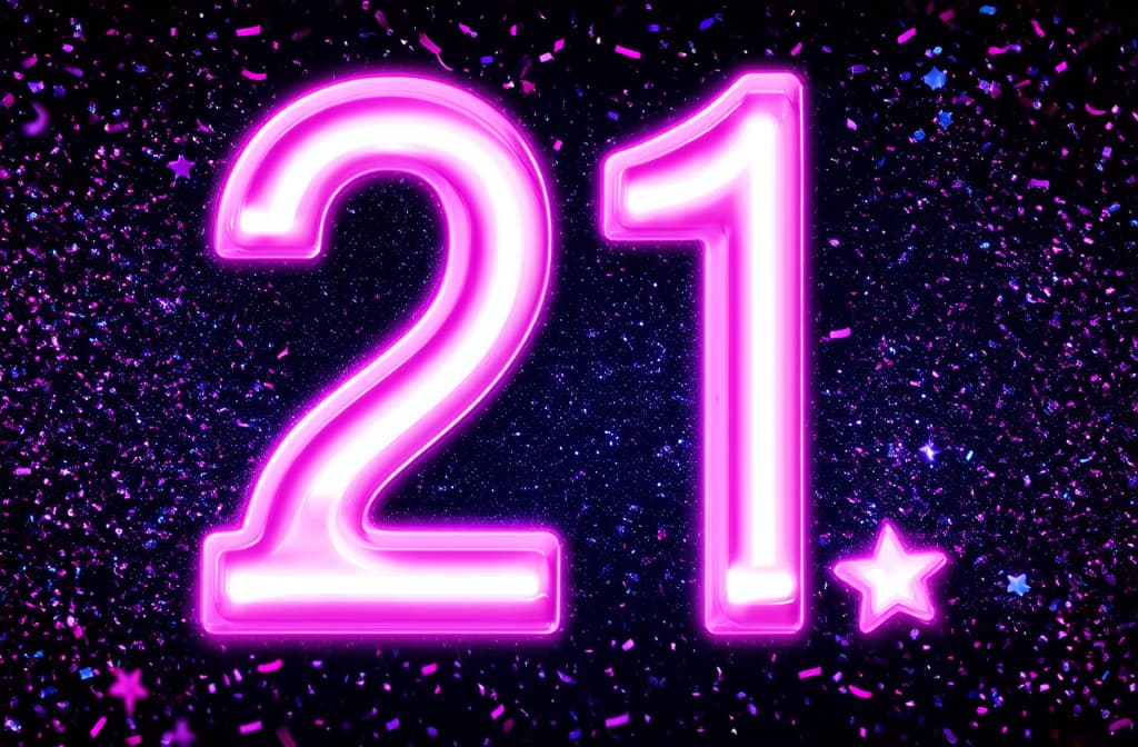  number 21 in neon purple lights with confetti and stars, festive celebration ar 3:2 {prompt}, maximum details