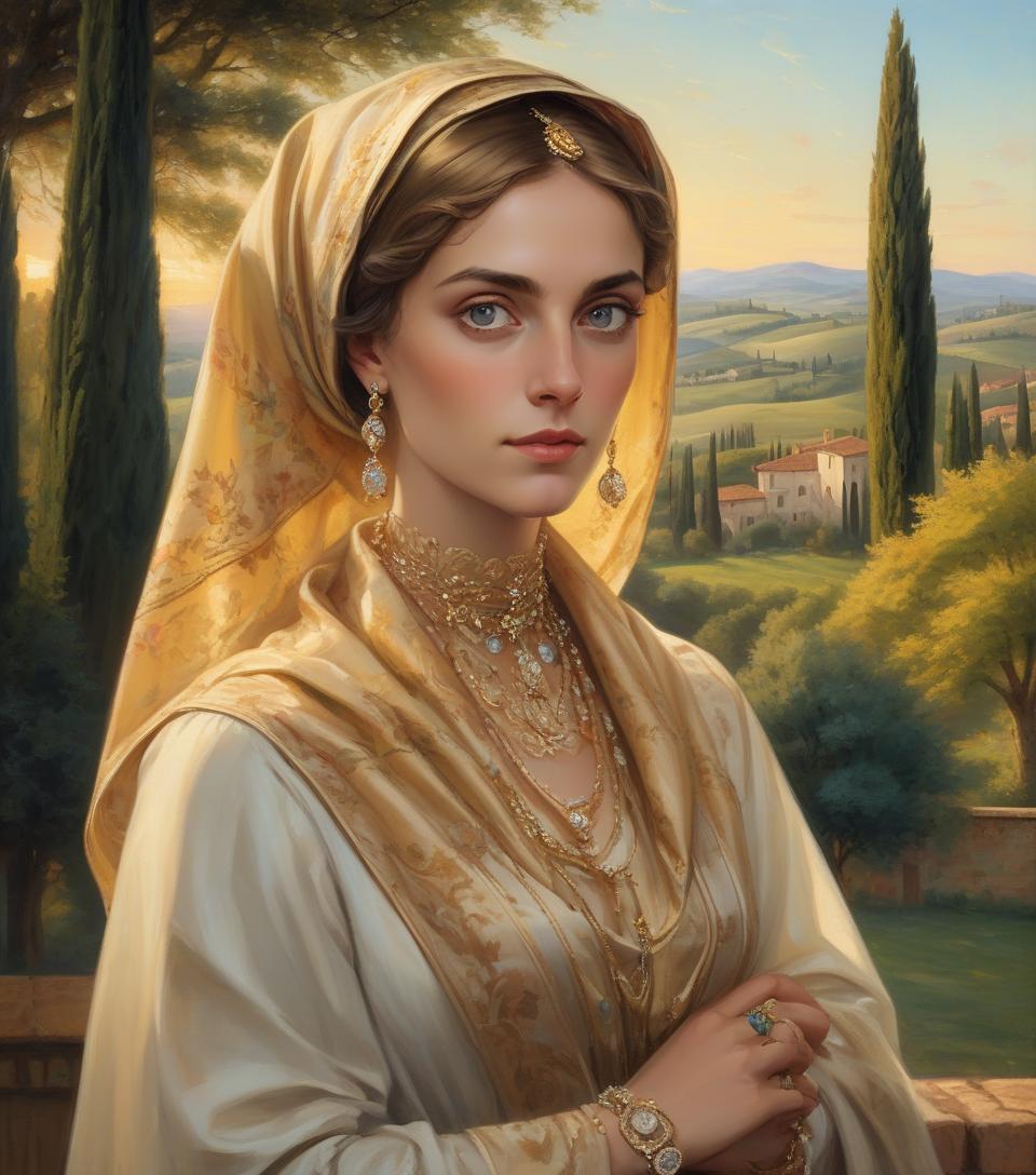  portrait of a woman with a headscarf, adorned with jewelry, and a countryside landscape in the background. majestic italian noblewoman, detailed eyes, proud countenance, captivating gaze, ornate clothing, elaborate accessories, billowing scarves, theatrical presence, twilight in tuscany, undulating landscapes, iconic cypress groves, rich golden sunrays, luxurious textures, fine details, vibrant colors, italian elegance, skilled brushwork, enchanting atmosphere.