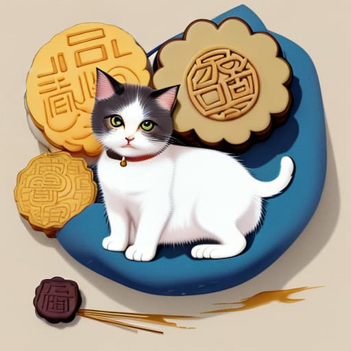  draw me a cute cat holding a mooncake，