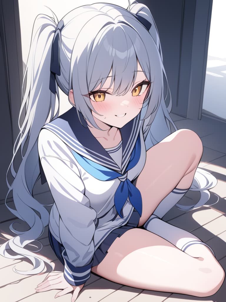  illness, twin tail, sailor suit, menhera, yandere, sitting on the ground, smile, masterpiece, best quality,8k,ultra detailed,high resolution,an extremely delicate and beautiful,hyper detail