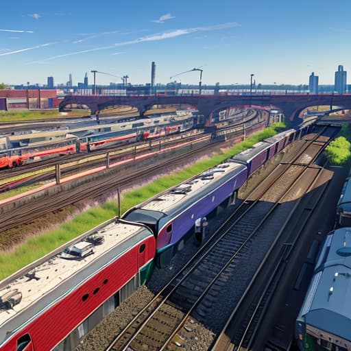  1. A train of gondola cars is parked under several tracks in the railway marshalling yard. 2 DJI UAV M300 rtk needs to be above the open car 3. The long view shows drones and open cars, real,