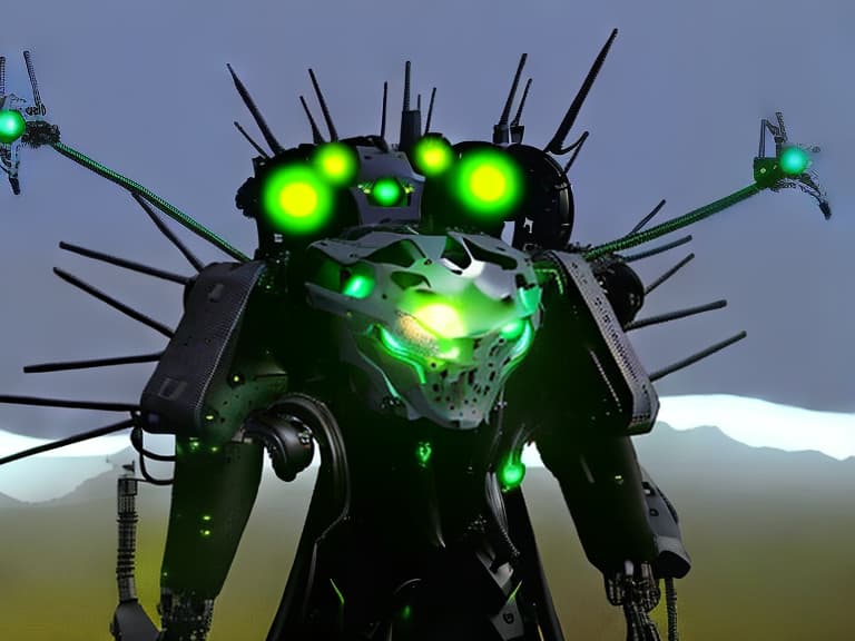  a mechanical robot is a titanium. with a router instead of a head, plus with alien technology, having a robot body, also has a head covered with demon horns and cannons on the shoulders along with routers, also has a core in the center of the torso. also shaped like a head with alien technology, also dressed in black armor and looks like a demon, futuristic technology , robots , spaceships , by vitaly bulgarov , maciej kuciara , jama jurabaev , sparth , karla ortiz