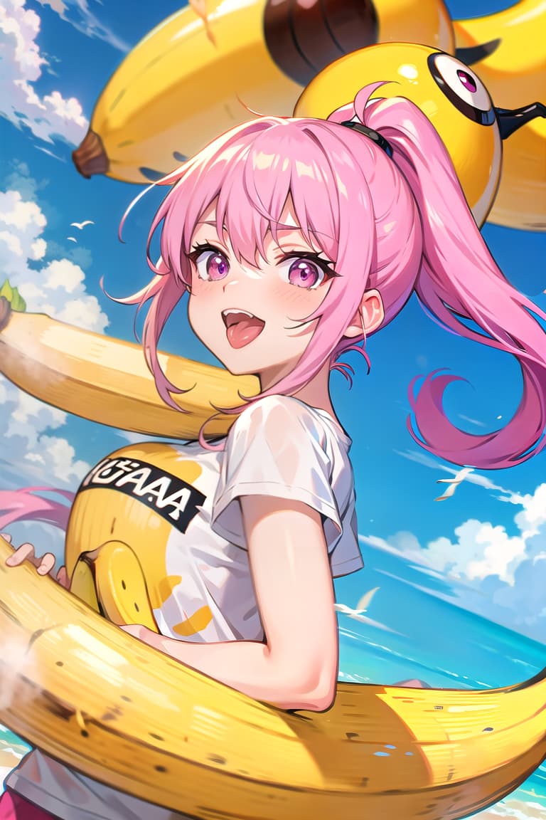  r 18, , middle , pink haired ,ponytail,large eyes,t shirts, , tongue, banana with hands, park,