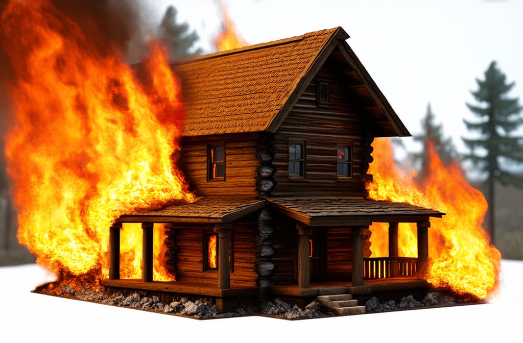  wooden house is burning with fire ar 3:2 {prompt}, maximum details