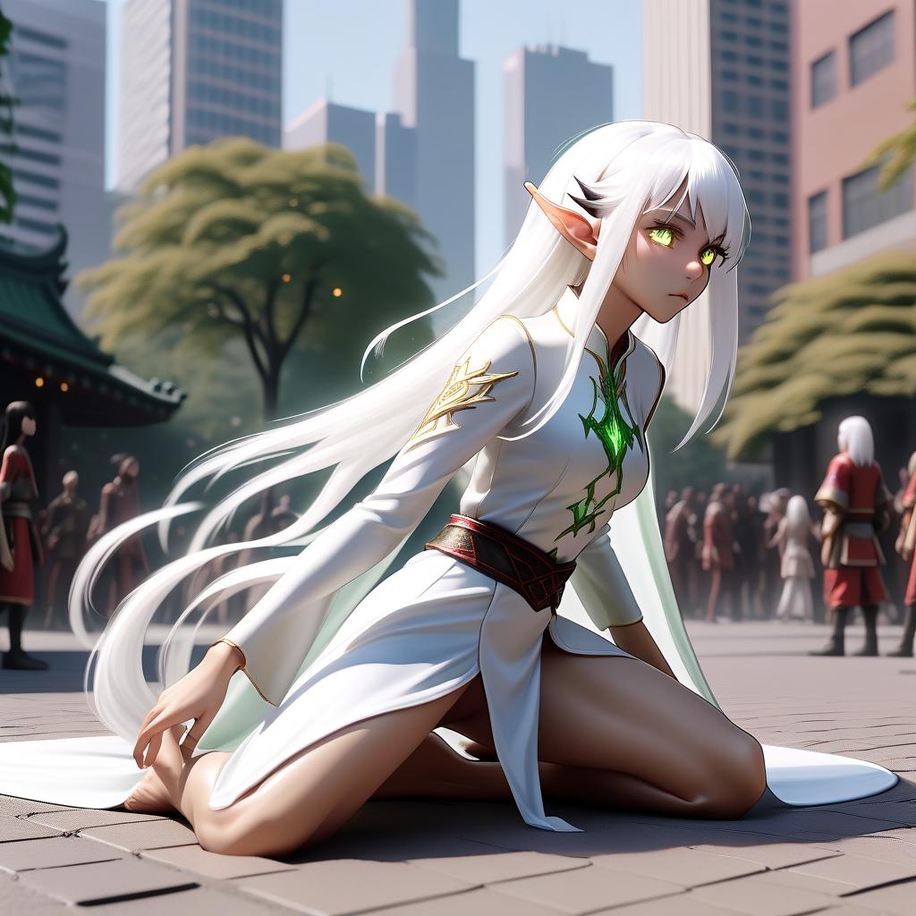  side view, 1 (half elf, half demon), japanese (+++) (), falls to the ground, one hand rests on the ground, the second hand is stretched forward to create a spell, the body (s) is fully visible++++ (very high detail), white hair (short, hairstyle similar to a curtain), hispanic skin color, 2 size, white eyes (luminous eyes), slim body, 10 meters from the camera, high detail, relatively far behind the crowd (smallow) ful (very (very detail), white hair in front of 20 meters, full of the in the skyline (green)