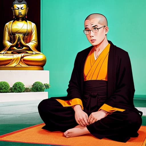  A Buddhist monk with thick eyebrows wearing a black robe and glasses sitting in front of a Buddha statue has a slippery head Retro