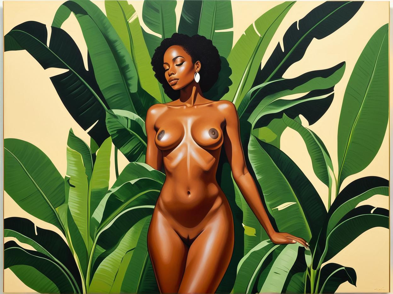  minimalism, a beautiful black woman surrounded by banana plant leaves. she is in a divine pose. their entire body. she is naked. semi minimalist painting, abstract, simple geometic shapes, hard edges, sleek contours, minimalism