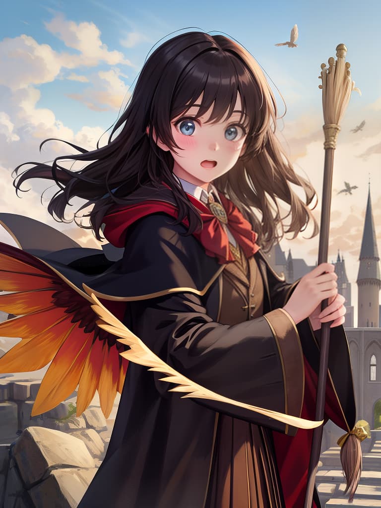  masterpiece,harry potter style,flying in the sky:1.5,flying on a broom:1.5,overstuffed cape,a cute girl,surprised look,realistic,quality,8k