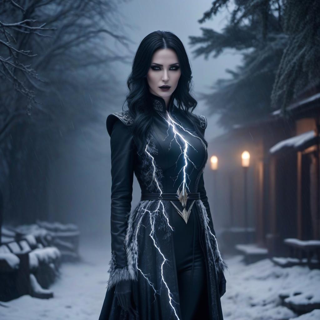  macabre style lightning and snow . dark, gothic, grim, haunting, highly detailed, hkmagic hyperrealistic, full body, detailed clothing, highly detailed, cinematic lighting, stunningly beautiful, intricate, sharp focus, f/1. 8, 85mm, (centered image composition), (professionally color graded), ((bright soft diffused light)), volumetric fog, trending on instagram, trending on tumblr, HDR 4K, 8K