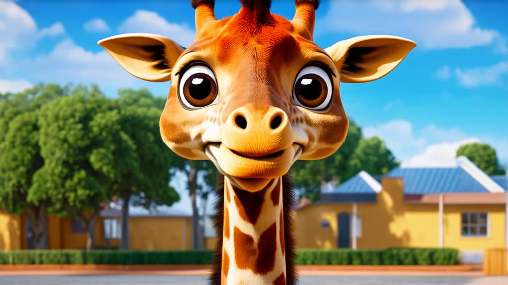  big head, big eyes, caricature, a caricature, rendering, (figurativism:0.8), giraffe goes to school ar 16:9, epic realistic, pixar style, disney, (cycles render:1.3), caustics, (glossy:0.58), (artstation:0.2), cute