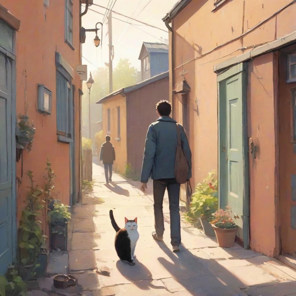  the guy and the cat go out into the bright street through the door of the shed