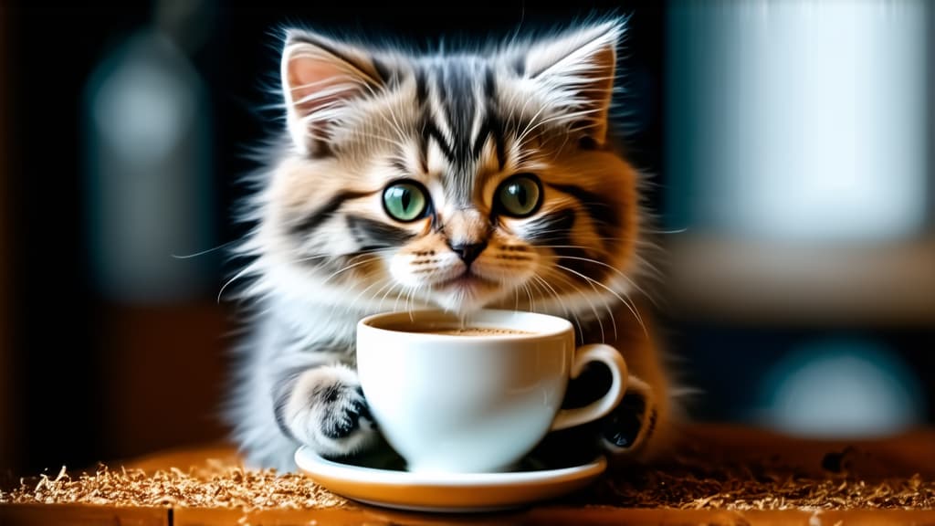  fluffy kitten with a cup of steaming coffee in her paws, big green eyes, disgruntled expression, cinematic lighting, funny ar 16:9 {prompt}, maximum details