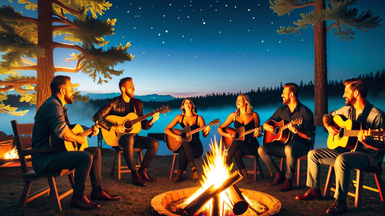  a cozy campfire scene with musicians playing acoustic guitars and banjos, surrounded by friends singing along under a starlit sky, with warm light illuminating joyful faces and rustic trees in the background. hyperrealistic, full body, detailed clothing, highly detailed, cinematic lighting, stunningly beautiful, intricate, sharp focus, f/1. 8, 85mm, (centered image composition), (professionally color graded), ((bright soft diffused light)), volumetric fog, trending on instagram, trending on tumblr, HDR 4K, 8K