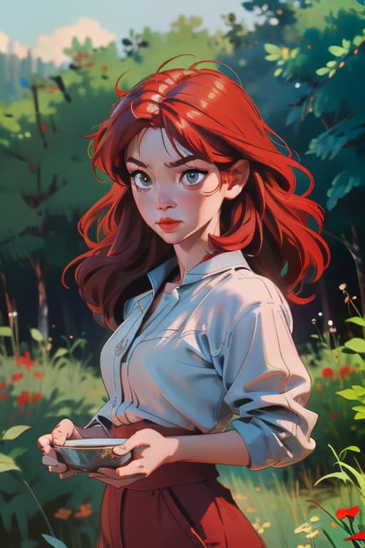  red haired asian woman collects blueberry seeds in the forest., bichu,oil painting,impressionism advertising photo,high quality, good proportion, masterpiece , the image is captured with an 8k camera