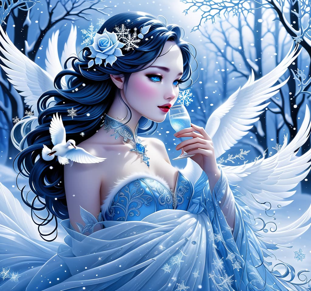  dreamscape thy name is (kiss the snow1,2) . ((key, (ice, blue1,6 sip)) ((blue eyed)) i've been jinxed ((snow singer1,8) . ((snow swan)) ((the snow swan)) feathers at my feet.( feathers flutter and slowly sink into the snow). (snow white swan): the head and body are creamy white with a silvery tint. wings of white blue colour from snowflakes (roses): light blue colour with leaves from ice crystals. background:soft blue with delicate patterns of falling snow and curls of blizzards, ice patterns on water.(style):fantasy, romantic art, silver age poetry, 19th century, dedication. . surreal, ethereal, dreamy, mysterious, fantasy, highly detailed, civitai, hkmagic