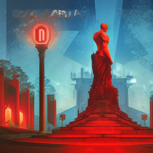 dvarchmodern a statue on top of a hill next to a body of water, flashy red lights, brazilian, phonk album cover, looming over a horde of gold, streaming on twitch, year 2 0 4 0, diabolic, promotional image, at the world cup, torchlit, castles, red banners