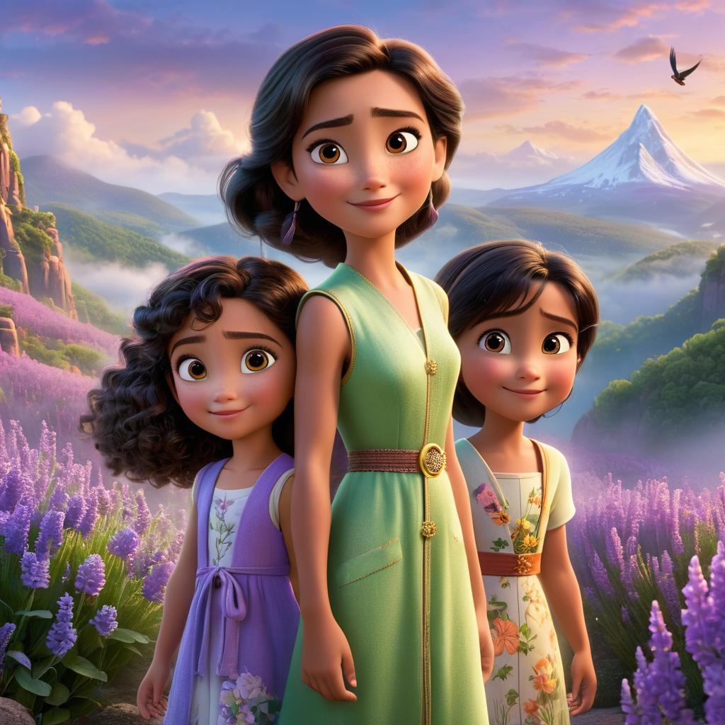  in 3d animated movie style. disney pixar style. aleena, 7, in a floral dress, lumi, ageless in a sparkling robe, milo, 9, in green vest, and everly, 8, in lavender dress, explore the misty mountains. high resolution pixar 3d animated film style; bright, soft lights, warm tones. bird's eye view of friends navigating challenges, emphasizing teamwork.