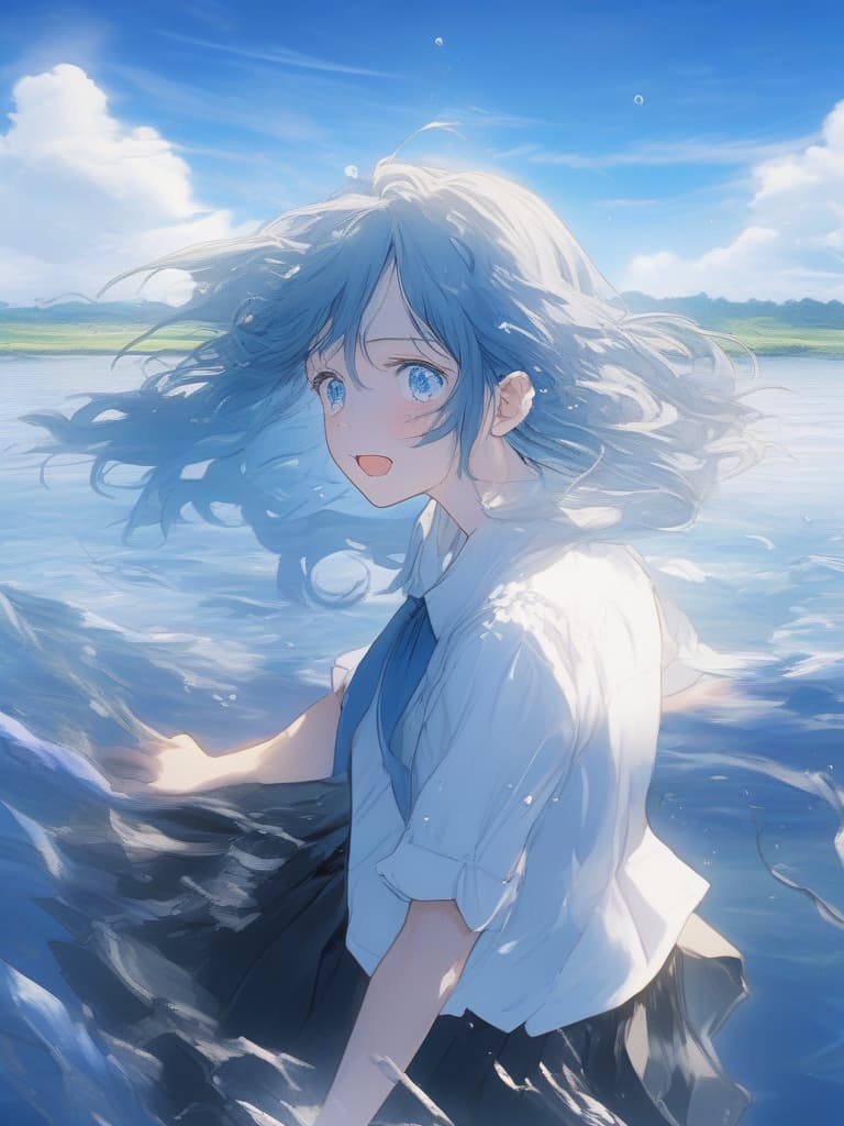  white shirt, blue haired short, black skirt, blue eyes, girls, above water, under the blue sky, small white corners, girls, crying alone, masterpiece, best quality,8k,ultra detailed,high resolution,an extremely delicate and beautiful,hyper detail