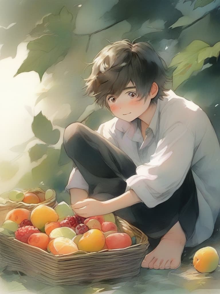  solo,short hair,brown hair,simple background,shirt,one man,long sleeves,original,holding,sitting,purple hair,full body,white shirt,male focus,food,bare feet,pants,black eyes,gray background,fruit,leaves,blush sticker,eating,holding food,gs,baby