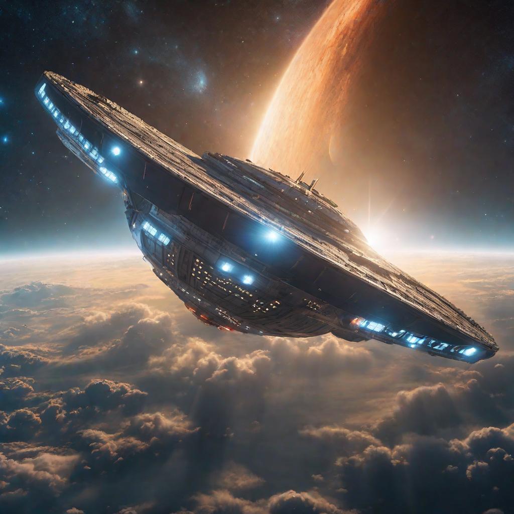  a spaceship descending towards Earth with a starry background hyperrealistic, full body, detailed clothing, highly detailed, cinematic lighting, stunningly beautiful, intricate, sharp focus, f/1. 8, 85mm, (centered image composition), (professionally color graded), ((bright soft diffused light)), volumetric fog, trending on instagram, trending on tumblr, HDR 4K, 8K