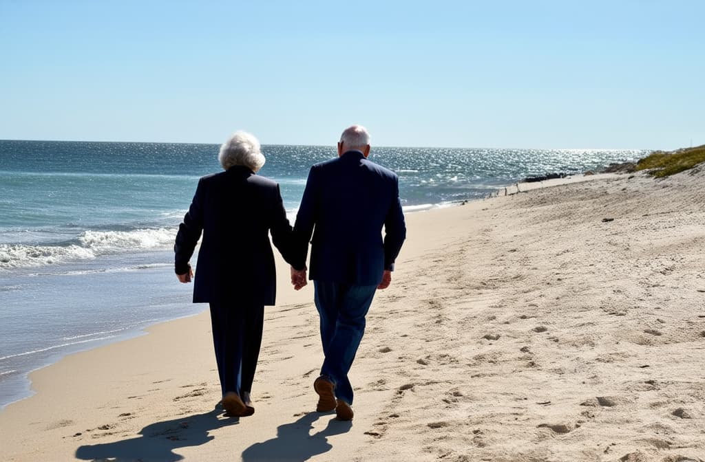  professional detailed photography, grandma and grandpa walking along the seashore, sunny day ar 3:2, (muted colors, dim colors, soothing tones), (vsco:0.3)