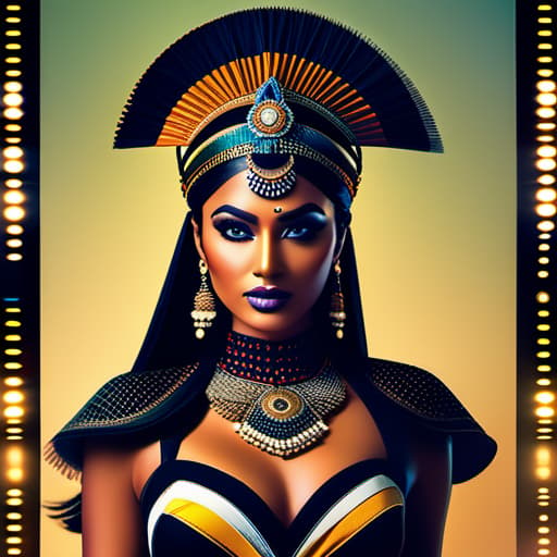  a tan skin indian goddess all black sleek futuristic outfit, with huge headpiece center piece, clean makeup, with depth of field, fantastical edgy and regal themed outfit, captured in vivid colors, embodying the essence of fantasy, minimalist hyperrealistic, full body, detailed clothing, highly detailed, cinematic lighting, stunningly beautiful, intricate, sharp focus, f/1. 8, 85mm, (centered image composition), (professionally color graded), ((bright soft diffused light)), volumetric fog, trending on instagram, trending on tumblr, HDR 4K, 8K