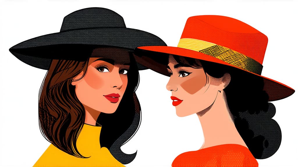  flat illustration, flaticon, (illustration:1.15), different beauty. set of different female heads in hats. different races and nationalities. colored hand drawn illustration ar 16:9, [cory loftis, strobist, pascal campion :: 0.2]