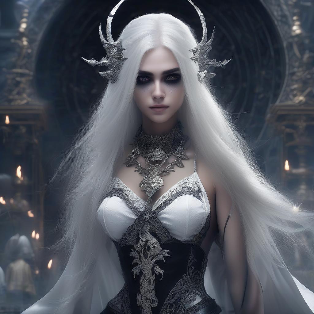  breathtaking girl necromancer, white hair, black eyes, full scene shot, highly detailed, hd shot, fantasy, intricate, sharp focus, depth of field, best quality . award winning, professional, highly detailed, hkmagic