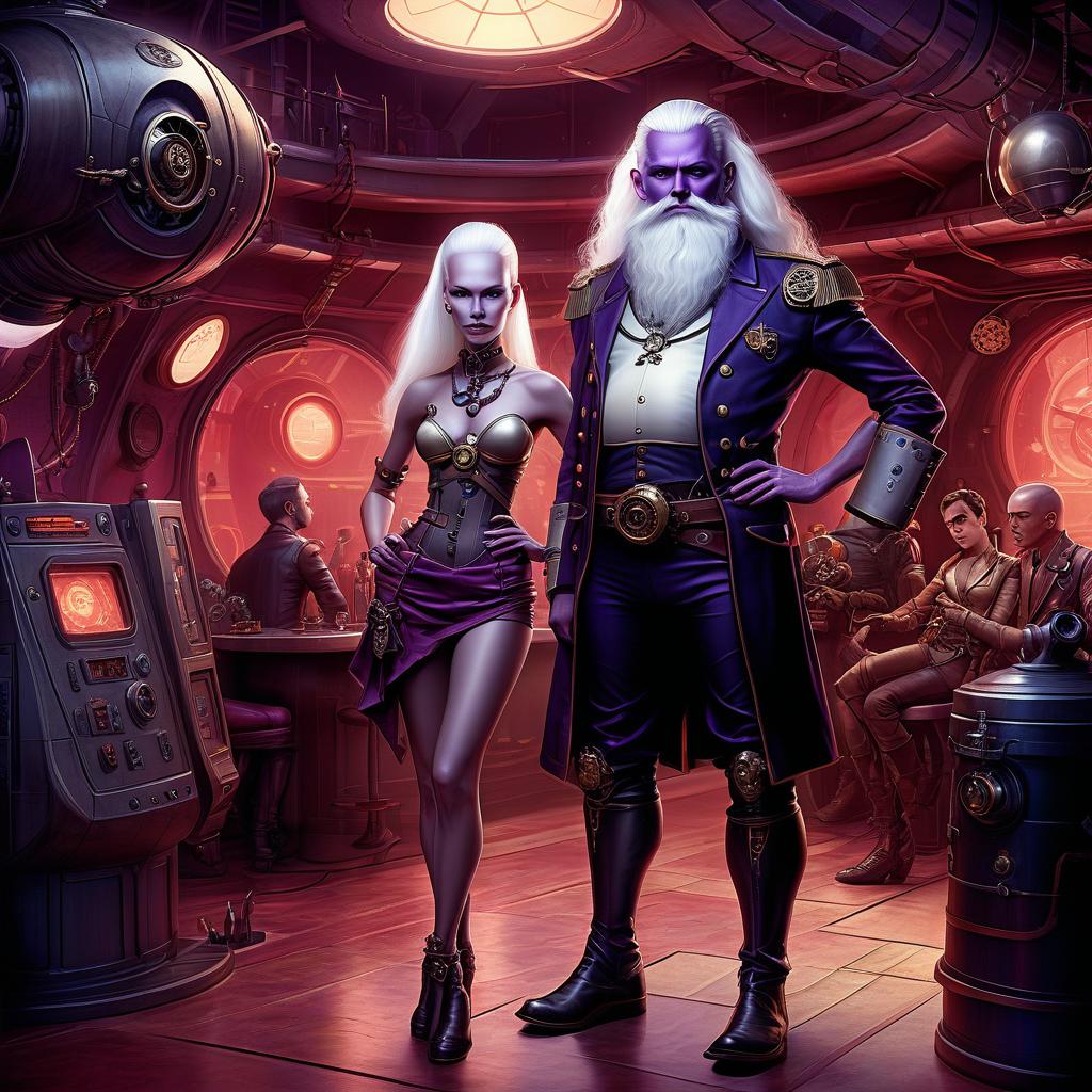  nautical themed a group of space pirates, a young alien, 20 year, purple skin, large size elastic , elegant thin waist, long slender legs, white hair. man, 40 year, small, fat, bald, black. next to the droid and minotaur. full length image, steampunk, dieselpunk, paropunk, standing in a space tavern, against a background of red light. . sea, ocean, ships, maritime, beach, marine life, highly detailed