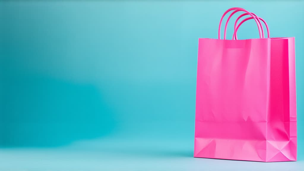  pink blurred background. on the right in 1/3 of the image there is 1 pink paper shopping bag. the bag is 5 meters away. on the left there is 2/3 empty space for text. ar 16:9 {prompt}, maximum details