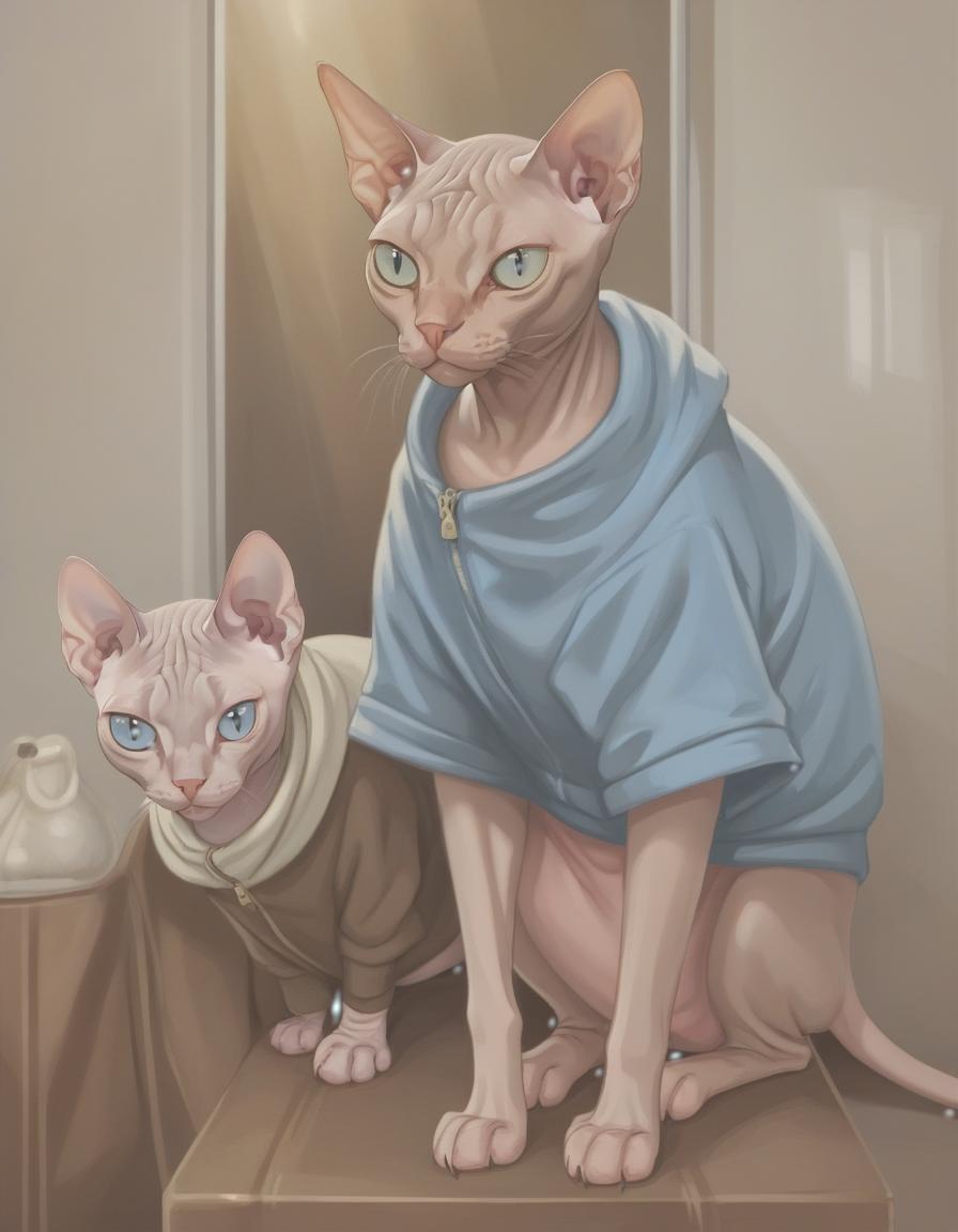  two bald sphinx cats in clothing