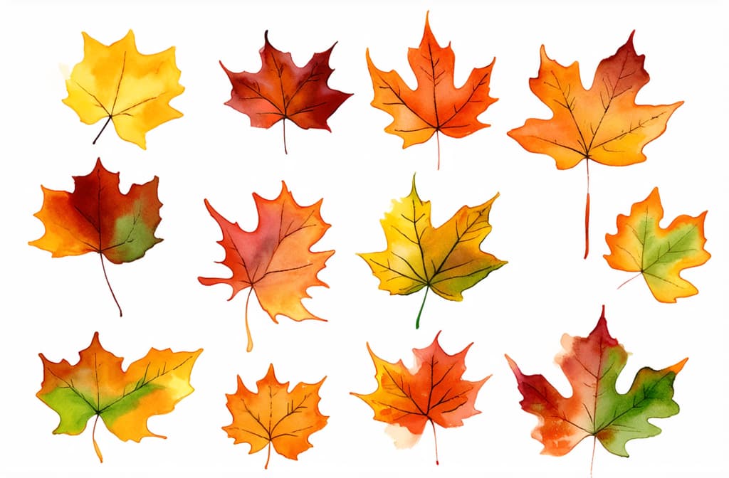  artwork set of different autumn leaves on white background ar 3:2, watercolor techniques, featuring fluid colors, subtle gradients, transparency associated with watercolor art