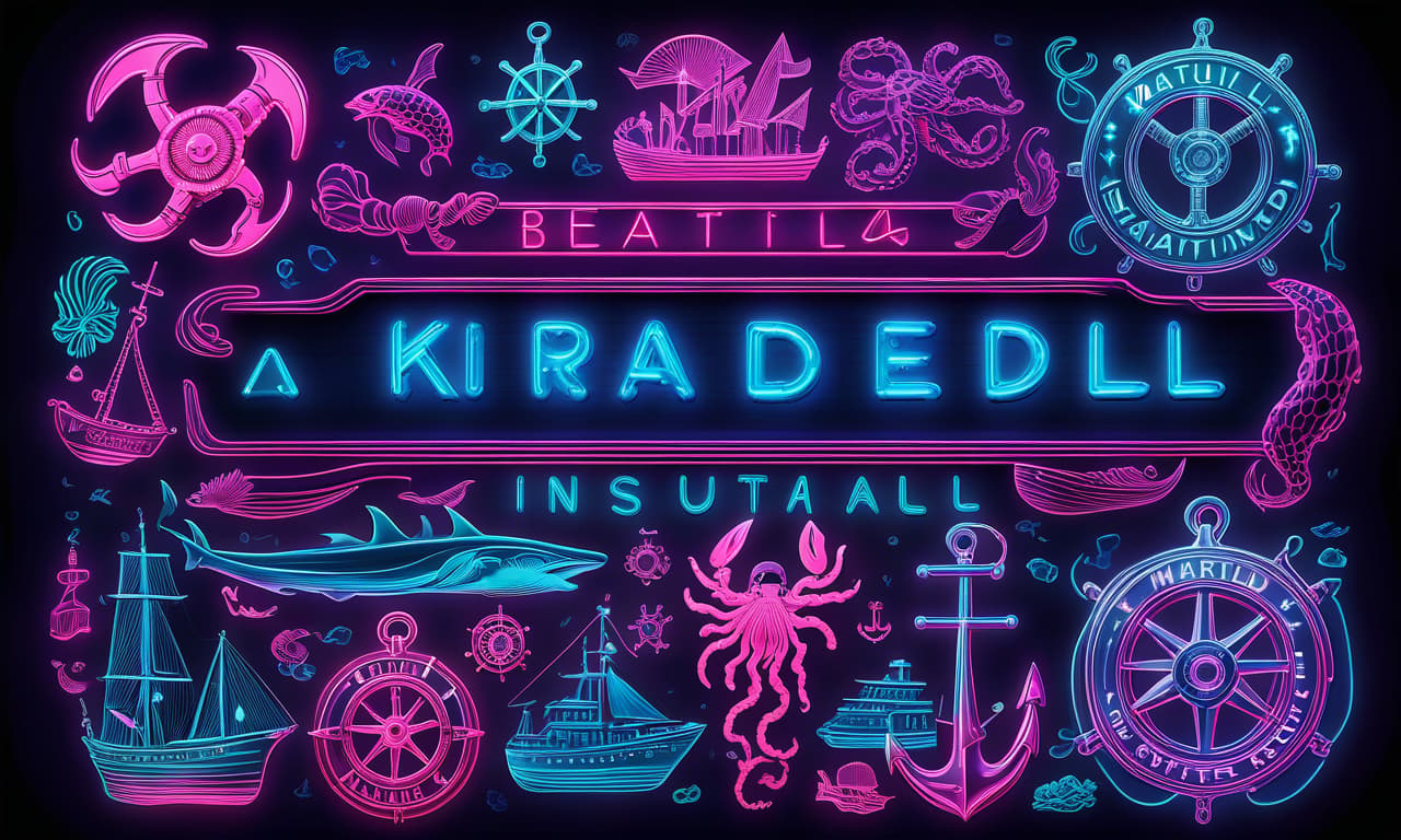  nautical themed beautiful krydell inscription in neon style . sea, ocean, ships, maritime, beach, marine life, highly detailed