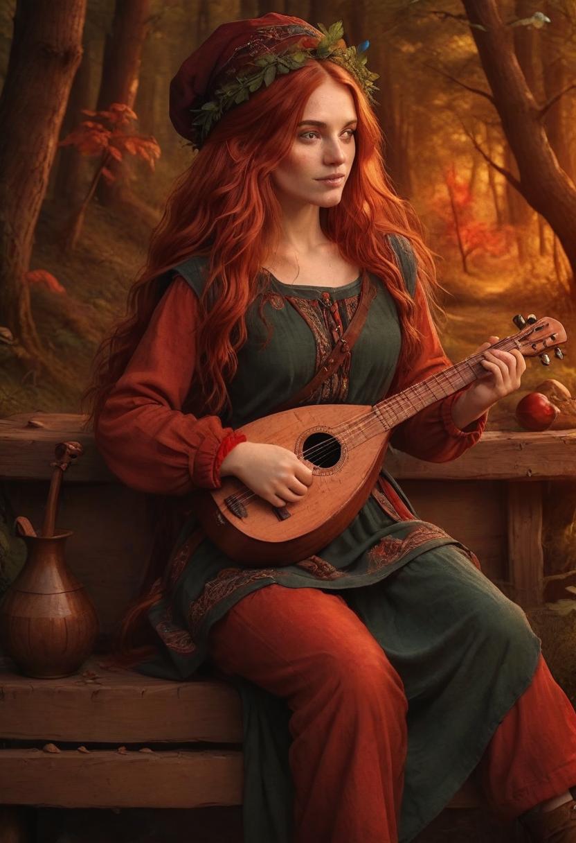  cinematic photo beautiful girl bard, with red long hair, clothes on her tunic bard for a hike. plays the lute. the background is a fabulous forest near the road. photo quality 4k . 35mm photograph, film, bokeh, professional, 4k, highly detailed, on parchment, oil painting