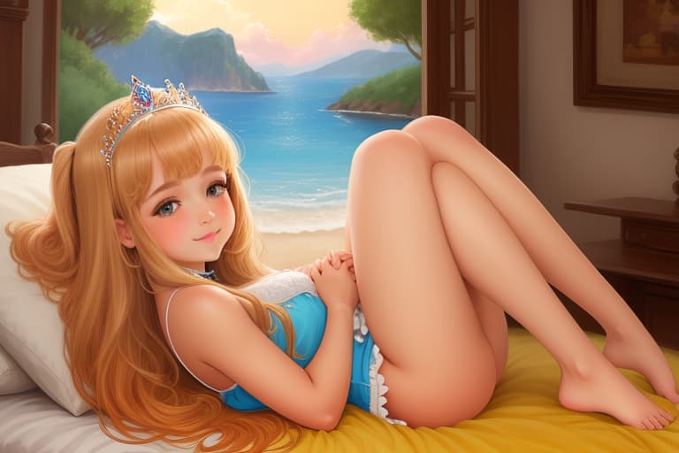  back view, pequeña de s, rubia , tierna y delicada, con el estilo de las princesas de disney. ella es delgada. en su rostro tiene una sonrisa feliz y delicada, , prepuber, sensual, lying on bed, close eyes, muslos abuertos, body, fetal position, s legs,