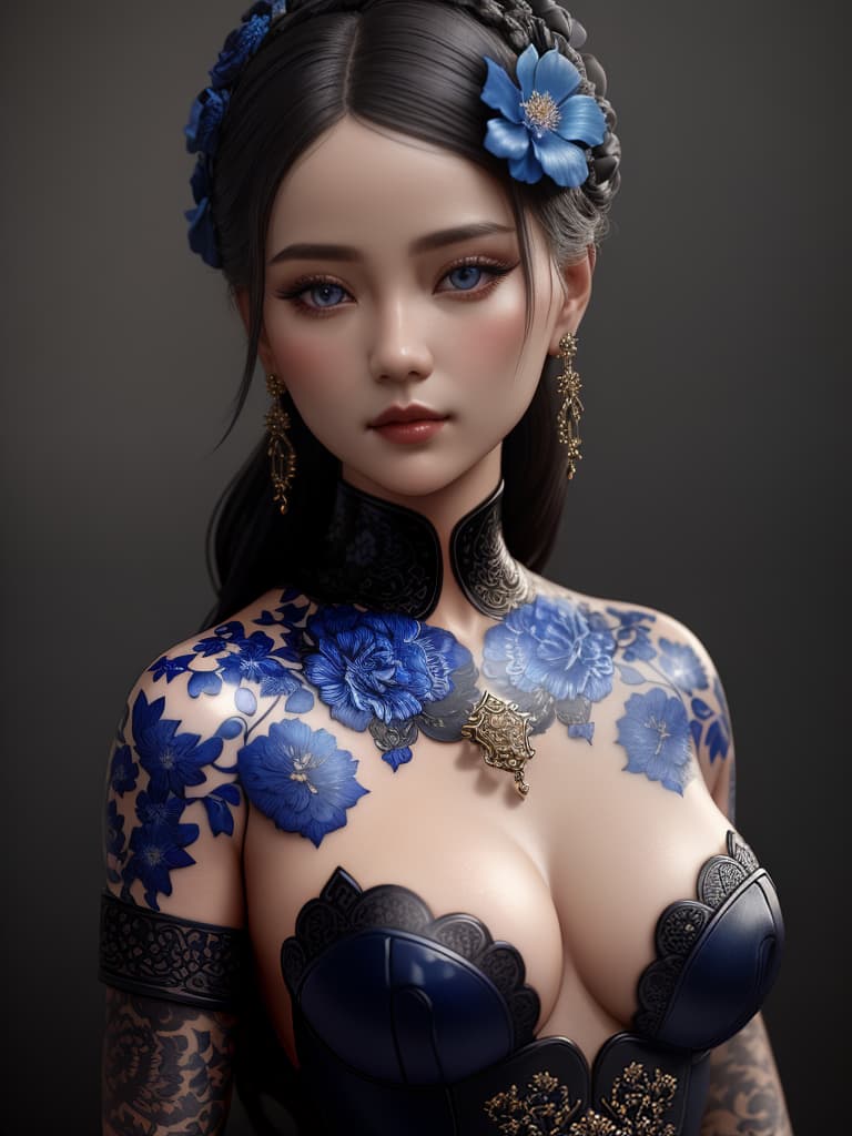  Close-up porcelain female figurine, looking to the camera, glossy surface, glaze, shiny, blue floral tattoos on her, dark gradient background, baroque dark style, hyperrealistic, CG society, intricate details