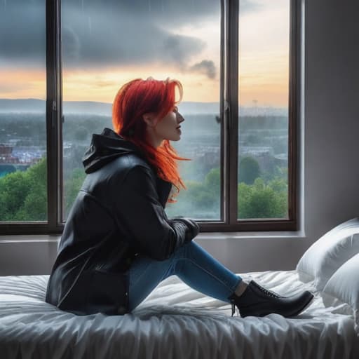  red hair woman sitting on a bed near a big window watching the rain fall and playing with her hair. rain rolling down the windows. hyperrealistic, full body, detailed clothing, highly detailed, cinematic lighting, stunningly beautiful, intricate, sharp focus, f/1. 8, 85mm, (centered image composition), (professionally color graded), ((bright soft diffused light)), volumetric fog, trending on instagram, trending on tumblr, HDR 4K, 8K