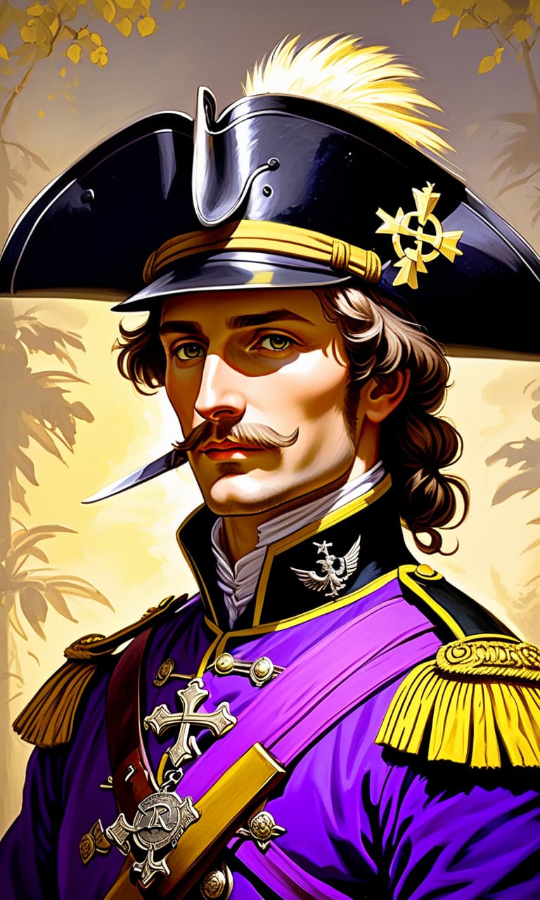  renaissance style an ancient portrait of a military musketeer from the 1880s. a purple uniform with yellow elements, a yellow german cross on the chest and a musket of a sample of 19 waka that hangs from behind on the back. style: oil drawing of the 19th century, close up portrait to the chest. . realistic, perspective, light and shadow, religious or mythological themes, highly detailed